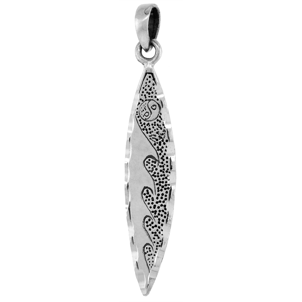 Large 2 inch Sterling Silver Surfboard Necklace Wave Pattern Diamond-Cut Oxidized finish available with or without chain