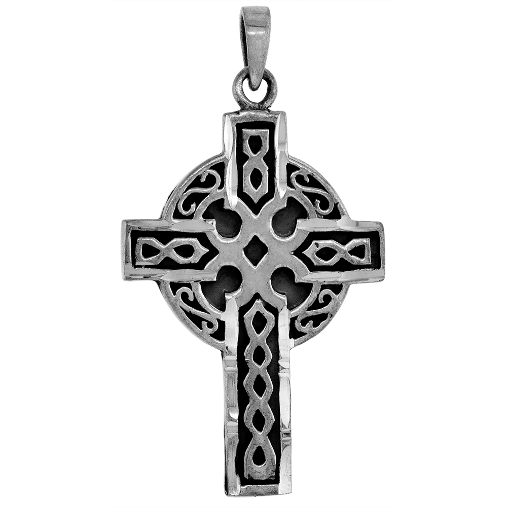 Large 1 3/4 inch Sterling Silver Celtic Cross Necklace High Cross for Men Diamond-Cut Oxidized finish available with or without 