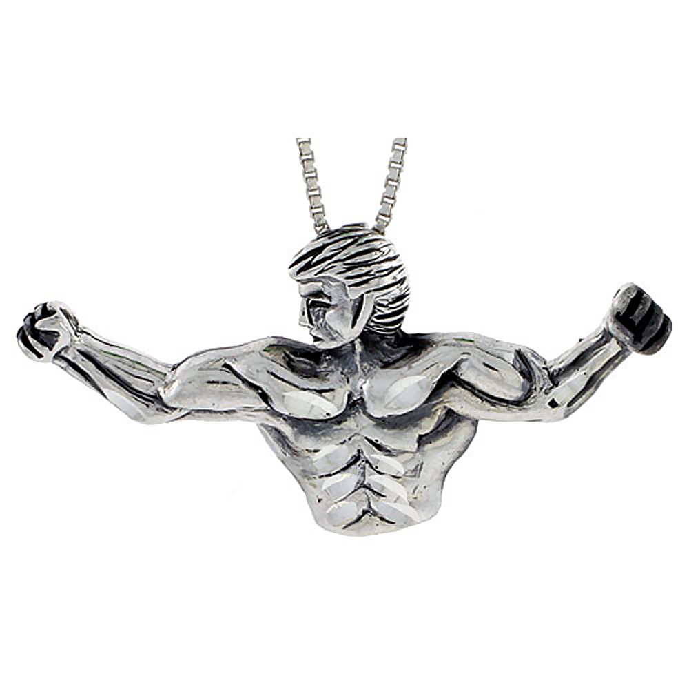 Sterling Silver Body Builder Pendant, 2 3/16 in. X 1 inch