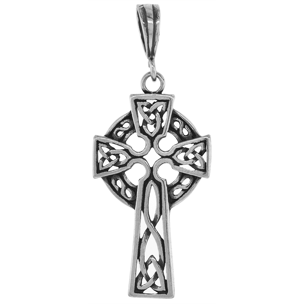 Large 1 1/3 inch Sterling Silver Open Celtic Cross Necklace High Cross for Men Diamond-Cut Oxidized finish available with or wit