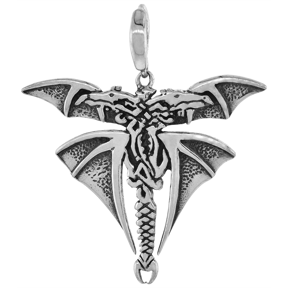 Large 2 1/8 inch Sterling Silver Double Headed Celtic Dragon Necklace Diamond-Cut Oxidized finish available with or without chai