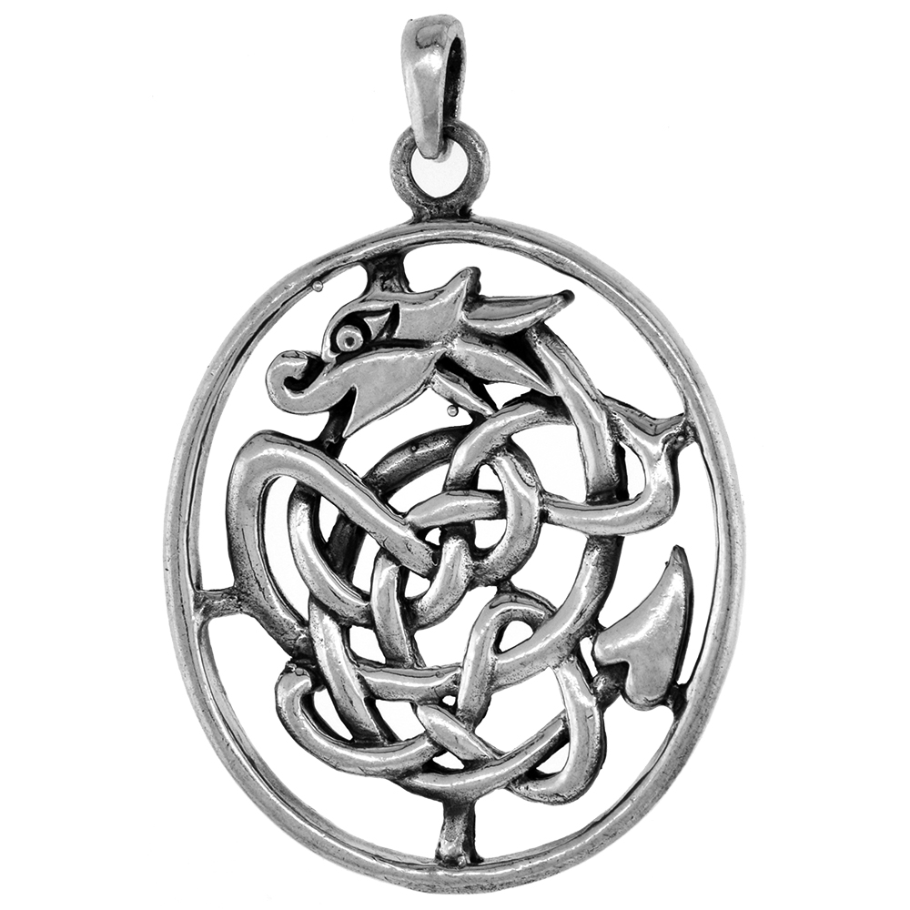 Large 2 inch Sterling Silver Celtic Dragon Pendant Diamond-Cut Oxidized finish NO Chain