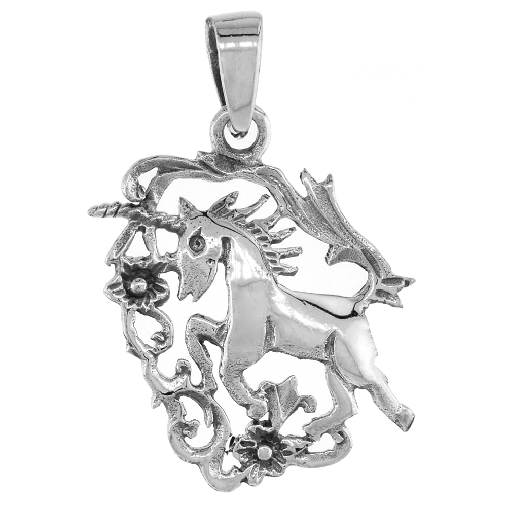 Small 3/4 inch Sterling Silver Flowers and Unicorn Necklace for Women for Women Diamond-Cut Oxidized finish available with or wi