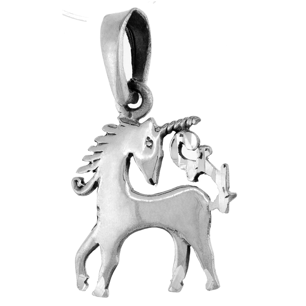 Small 3/4 inch Sterling Silver Turning Head Unicorn Necklace for Women Diamond-Cut Oxidized finish available with or without cha