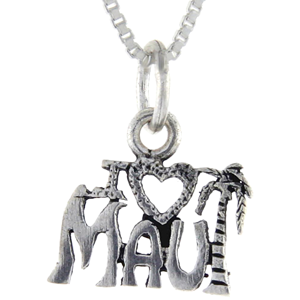 Sterling Silver I Love Maui Word Pendant, 1 inch wide