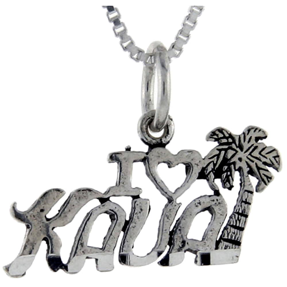 Sterling Silver I Love Kauai Word Pendant, 1 inch wide