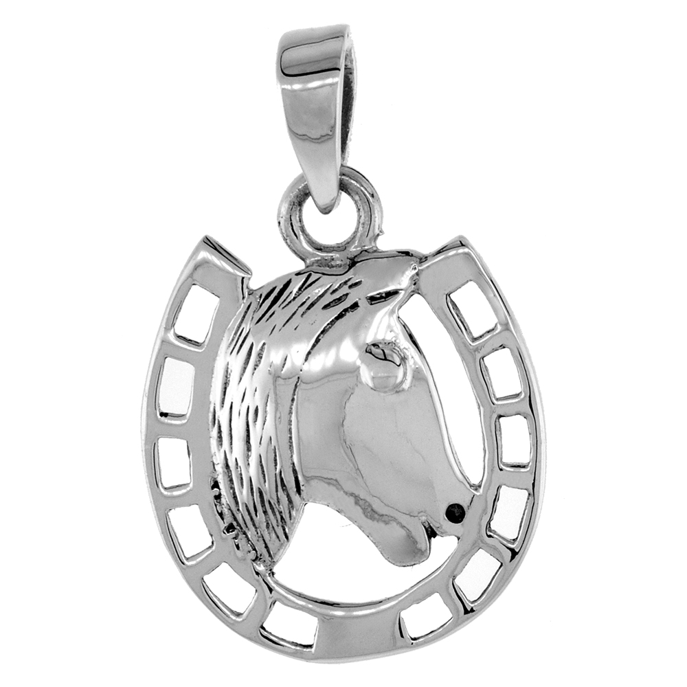 Small 3/4 inch Sterling Silver Horsehead in Horseshoe Necklace for Men and Women Diamond-Cut Oxidized finish available with or w