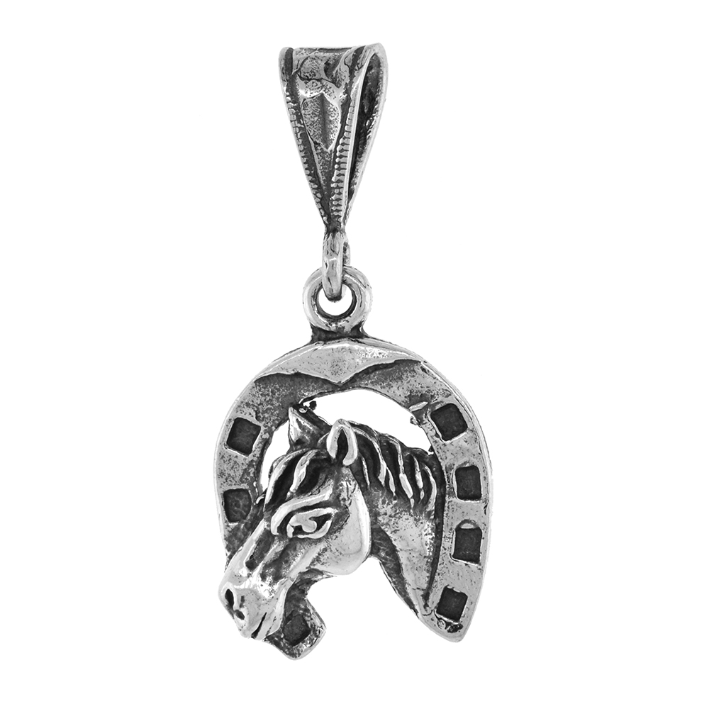 Small 3/4 inch Sterling Silver Horsehead in Horseshoe Necklace for Men and Women Diamond-Cut Oxidized finish available with or w