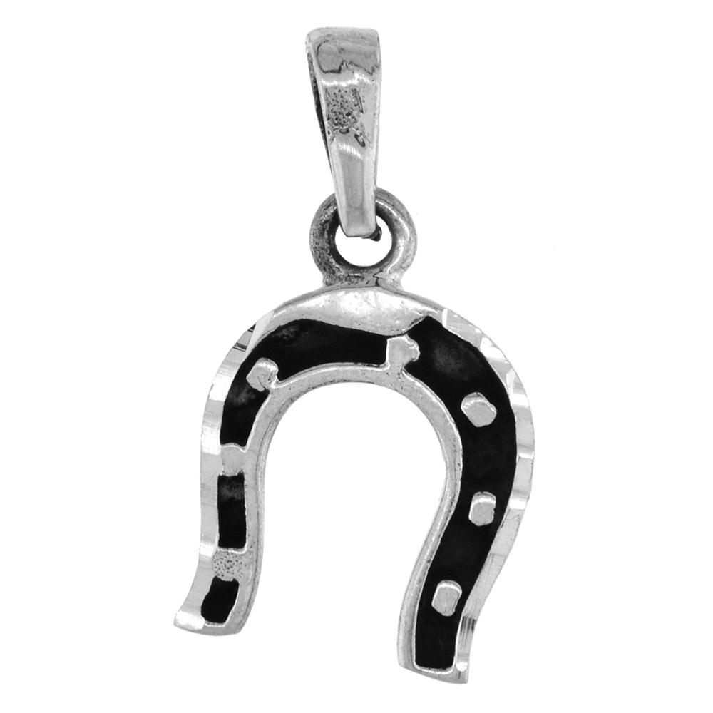 Small 3/4 inch Sterling Silver 7 Nail Horseshoe Necklace for Men and Women Diamond-Cut Oxidized finish available with or without