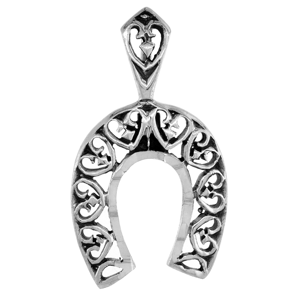 Small 7/8 inch Sterling Silver Heart Filigree Horseshoe Necklace for Men and Women Diamond-Cut Oxidized finish available with or