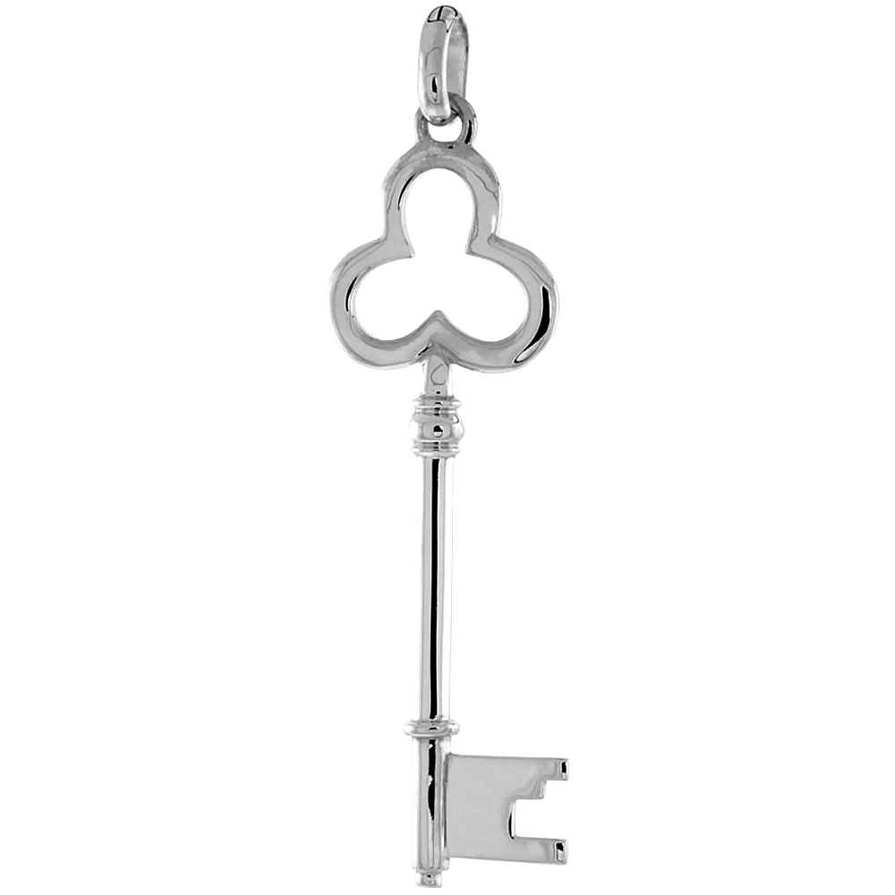 Sterling Silver Vintage Design Skeleton Key Pendant Clover Trefoil Bow Flawless Polished Finish 2 1/16 inch