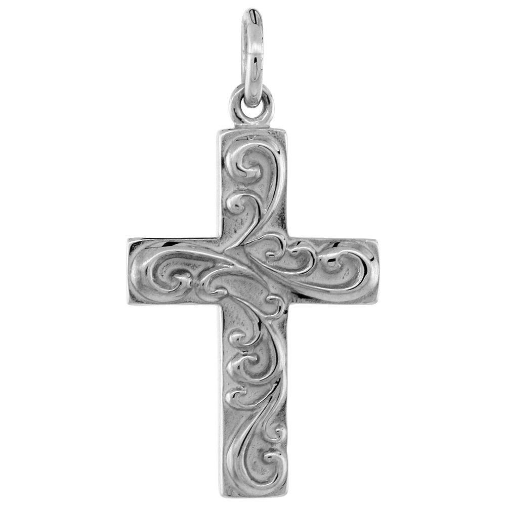 Sterling Silver Cross Pendant with Swirls, 1 inch wide