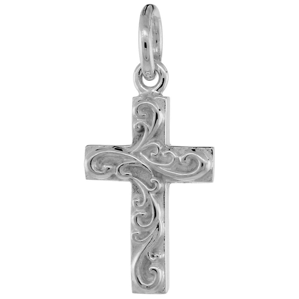 Sterling Silver Cross Pendant with Swirls, 3/4 inch wide