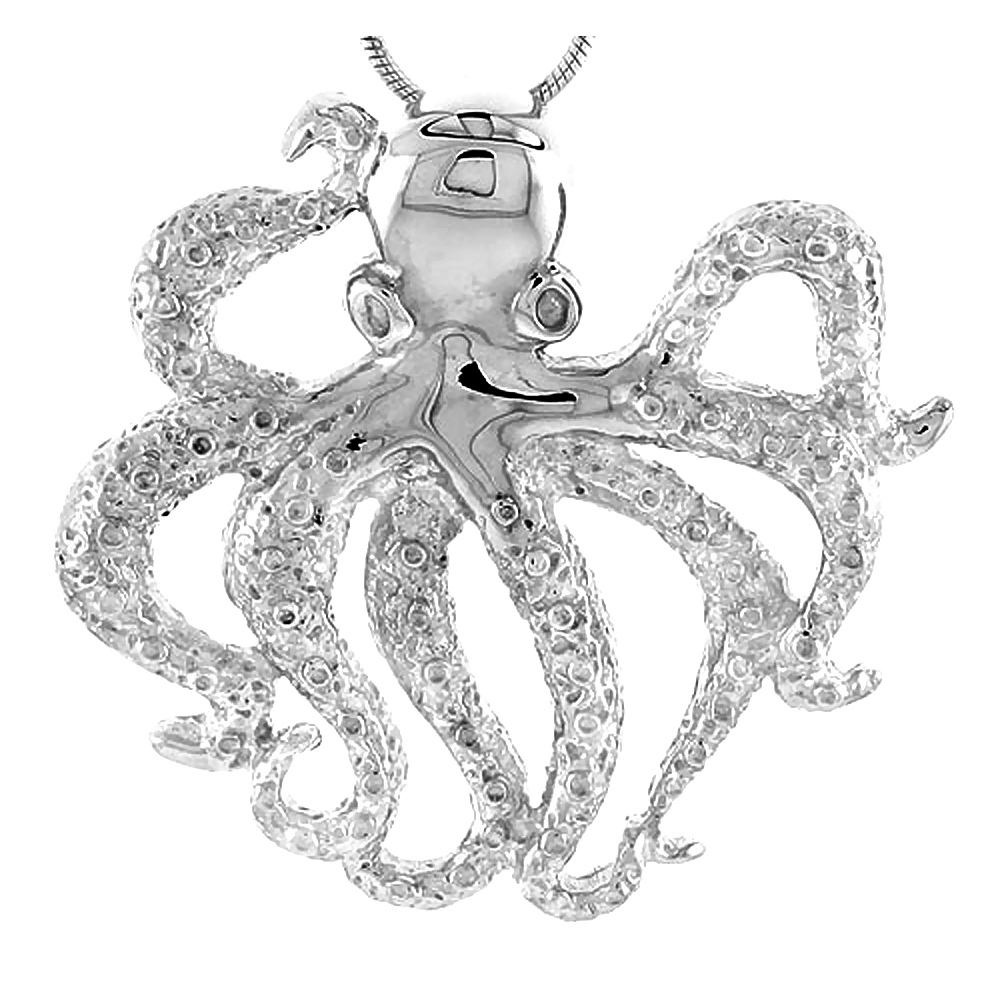 Sterling Silver Octopus Pendant Flawless Quality, 1 5/16 inch wide