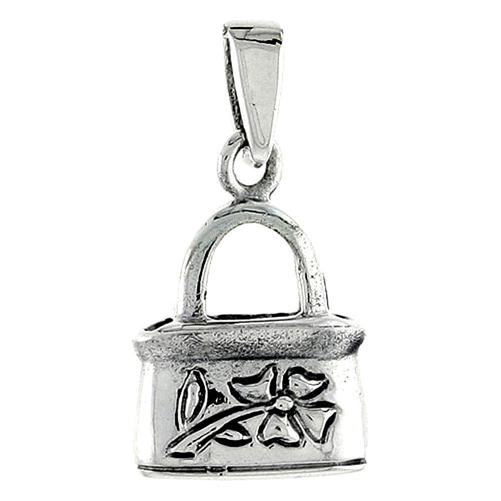 Sterling Silver Purse Pendant, with Flower Design, 1/2 inch wide