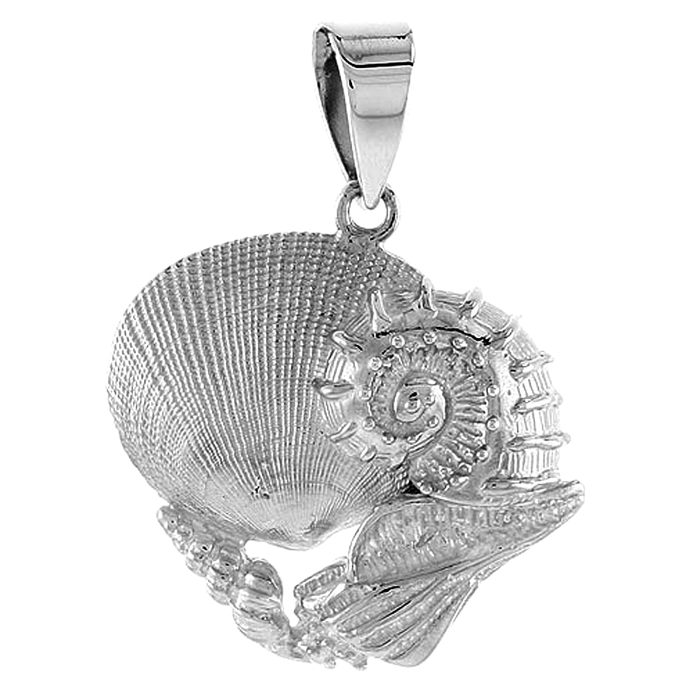 Sterling Silver Mollusk Seashells Pendant Flawless Quality, 1 inch wide