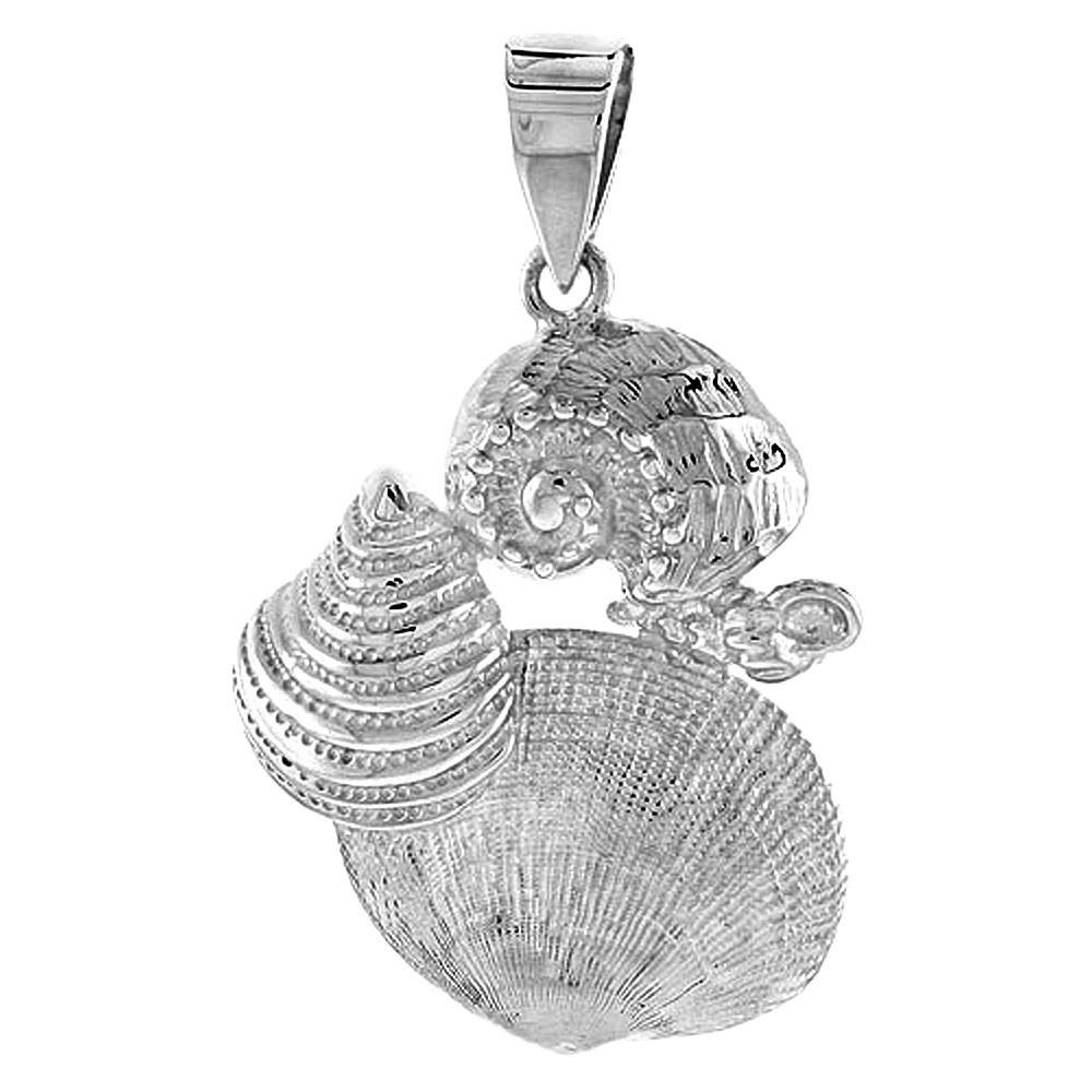 Sterling Silver Mollusk Seashells Pendant Flawless Quality, 1 3/16 inch wide