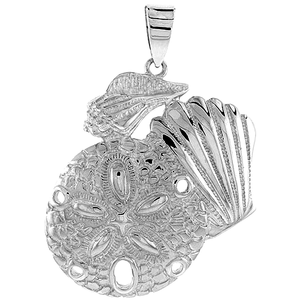 Sterling Silver Sand Dollar & Snail Seashells Pendant Flawless Quality, 1 1/2 inch wide