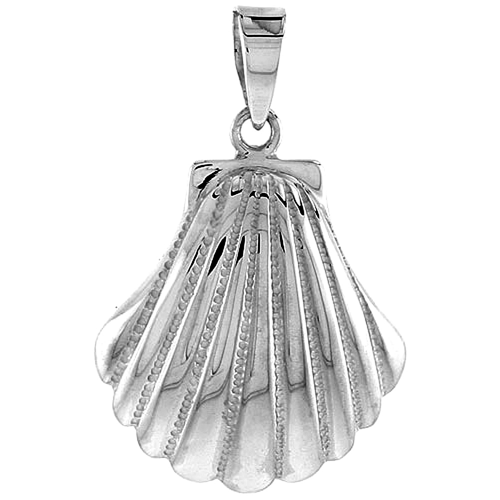 Sterling Silver Scallop Clam Shell Pendant Flawless Quality, 1 inch wide