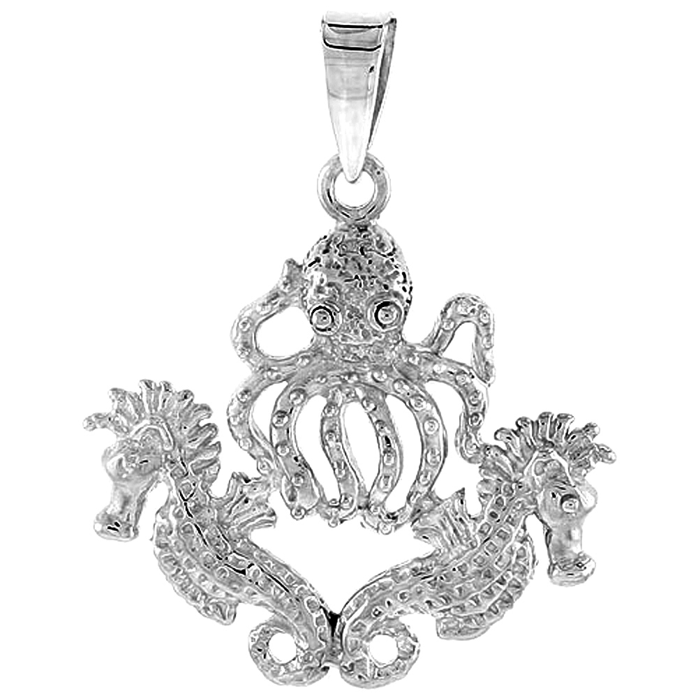 Sterling Silver Octopus & Seahorses Pendant Flawless Quality, 1 inch wide