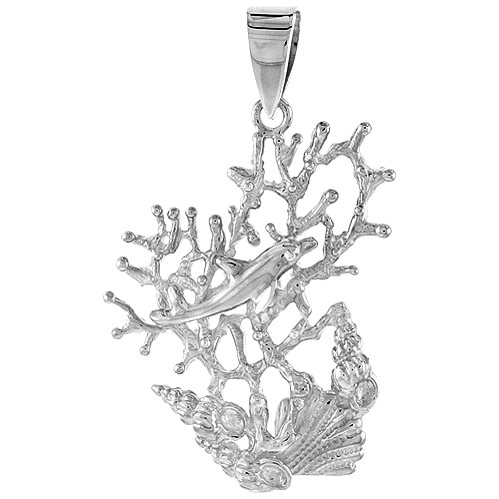 Sterling Silver Dolphin, Corals & Shells Pendant Flawless Quality, 1 3/8 inch wide