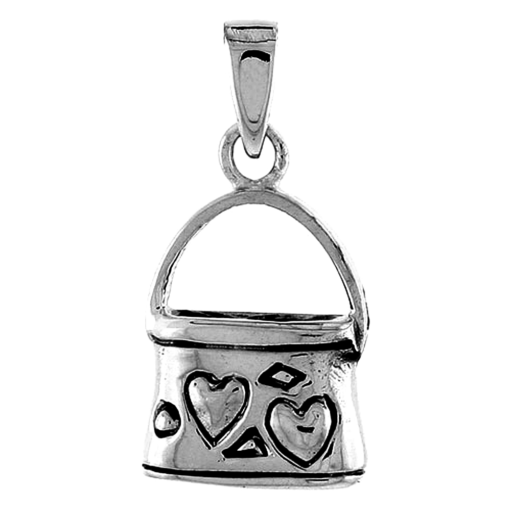 Sterling Silver Purse Pendant with Hearts, 5/8 inch wide