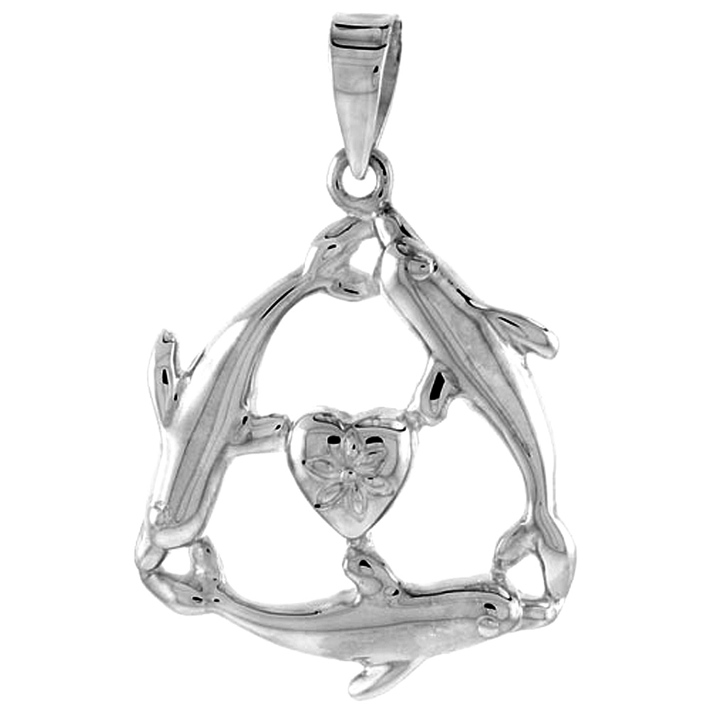 Sterling Silver Triple Dolphin with Heart Pendant Flawless Quality, 1 1/8 inch wide