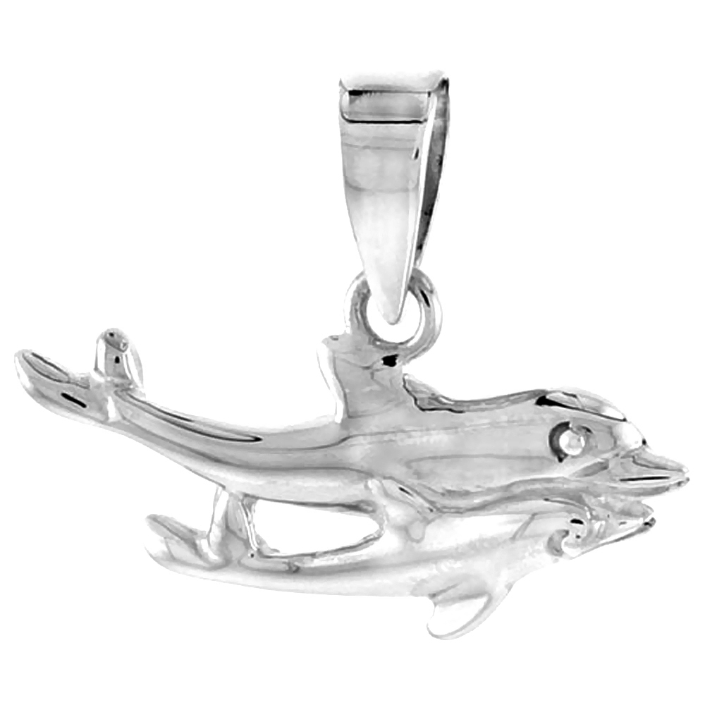 Sterling Silver Double Dolphin Pendant Flawless Quality, 3/8 inch wide