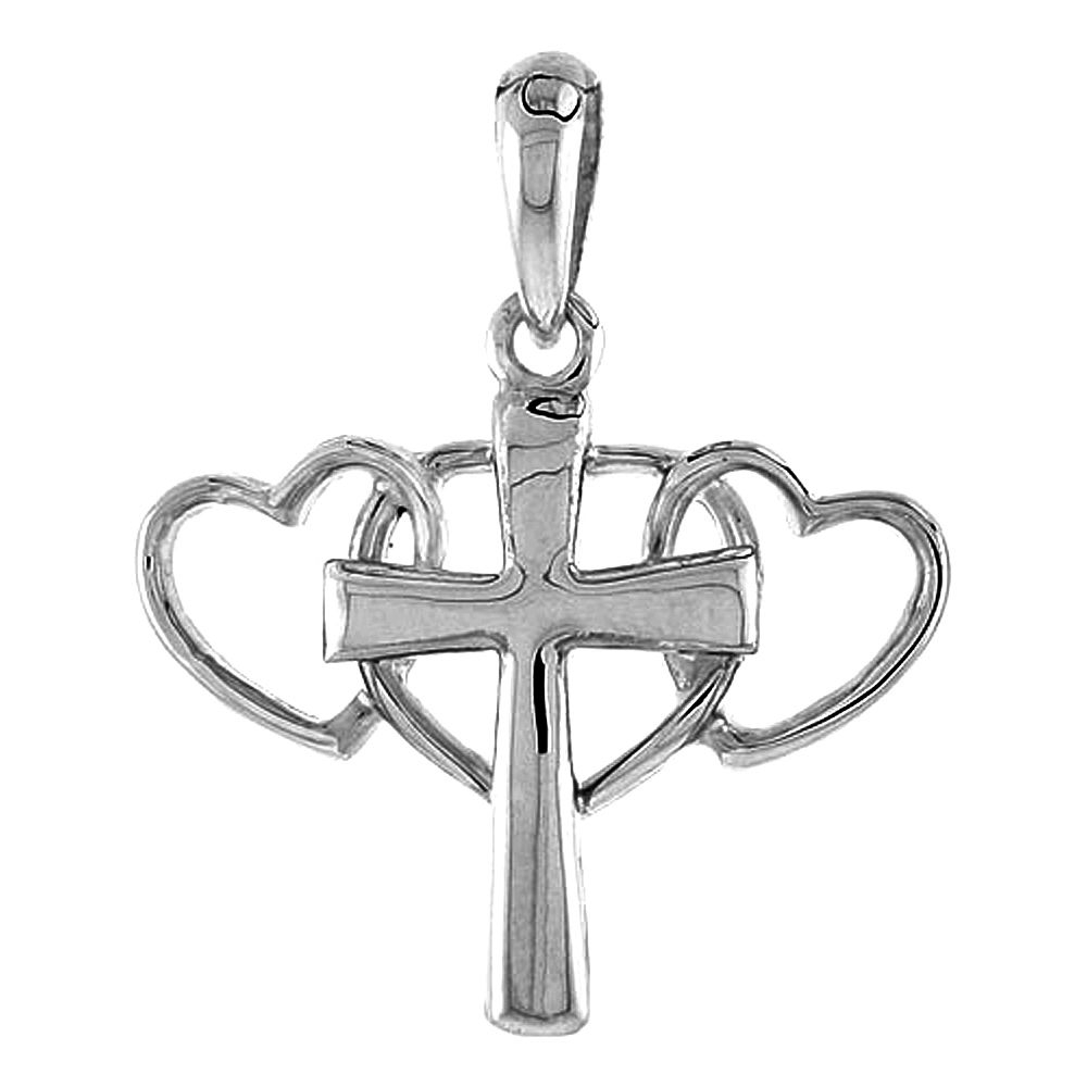 Sterling Silver Triple Heart Cross Pendant Flawless Quality, 7/8 inch wide