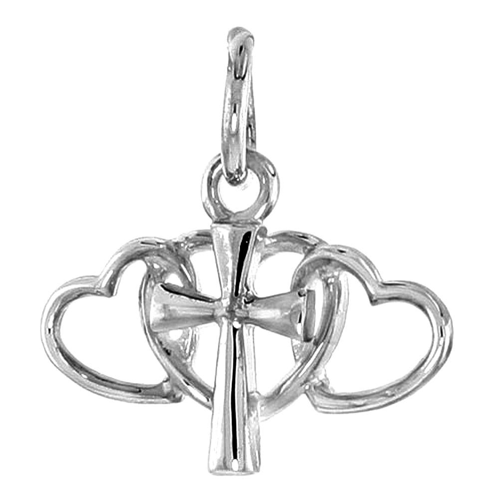 Sterling Silver Triple Heart Cross Pendant Flawless Quality, 1/2 inch wide