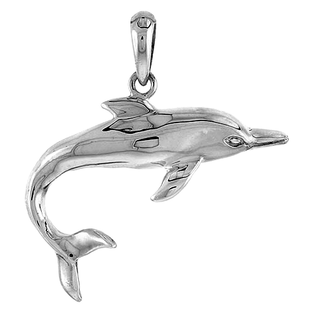 Sterling Silver Bottlenose Dolphin Pendant Flawless Quality, 1 1/16 inch wide