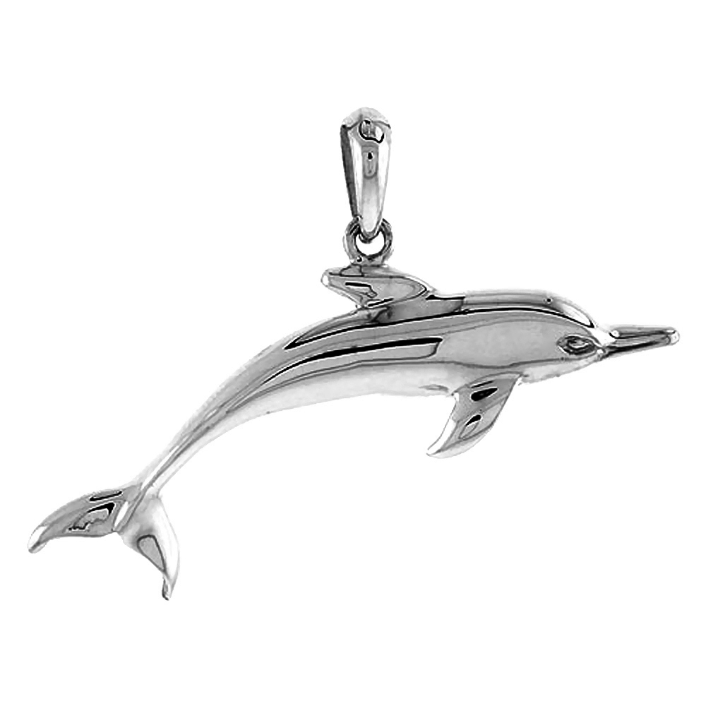 Sterling Silver Bottlenose Dolphin Pendant Flawless Quality, 1 inch wide