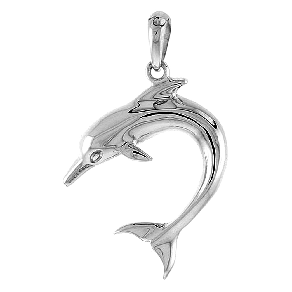 Sterling Silver Bottlenose Dolphin Pendant Flawless Quality, 1 inch wide