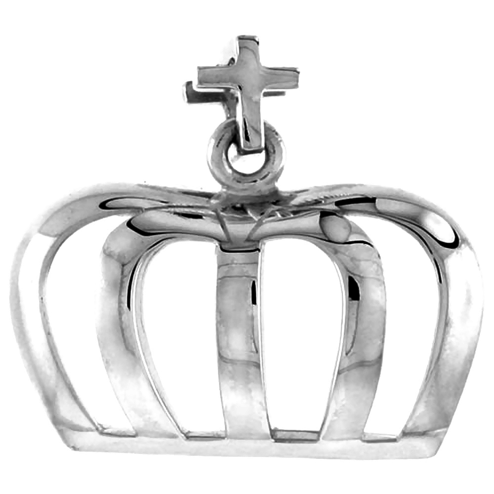 Sterling Silver Cross & Crown Pendant Flawless Quality, 7/8 inch wide