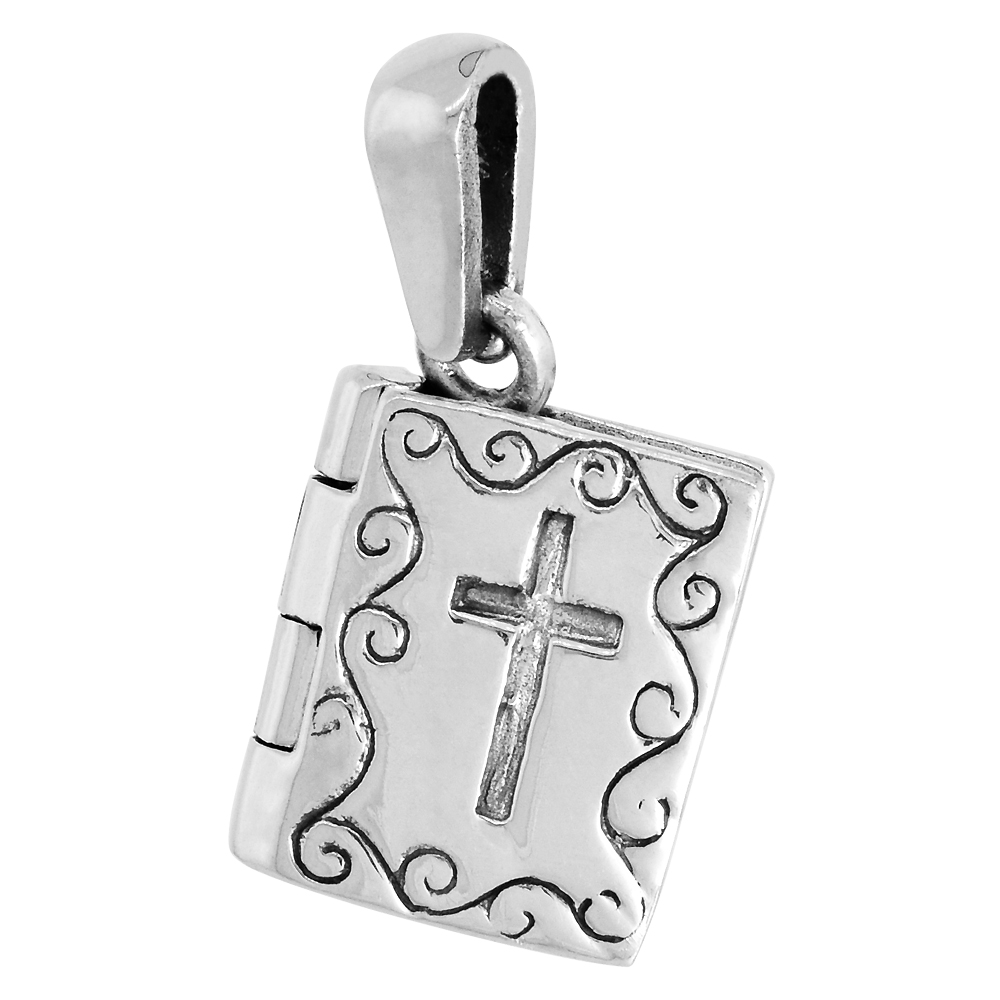 Sterling Silver Bible Prayer Box Pendant Book Shape Obelisk Cross Motif 1/2 inch