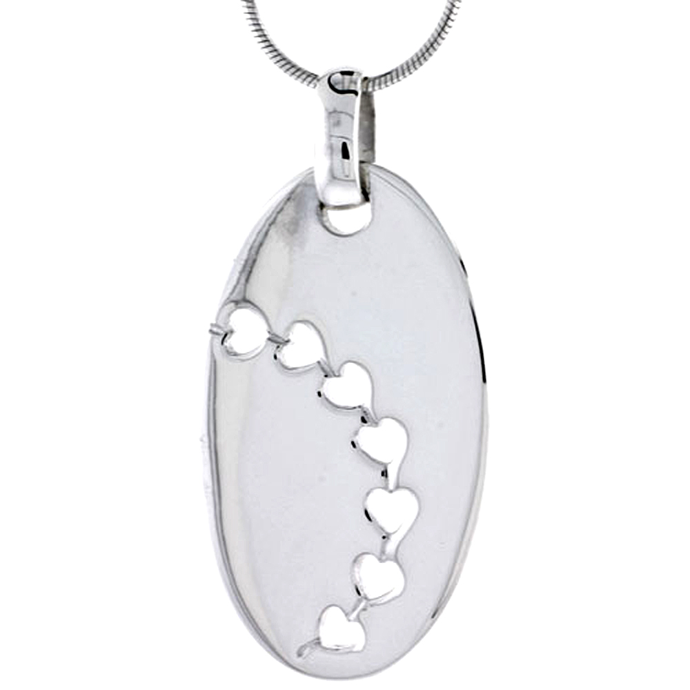 Sterling Silver High Polished Oval Pendant, w/ Heart Cut Out Series, 1 5/8&quot; (35 mm) tall, w/ 18&quot; Thin Snake Chain