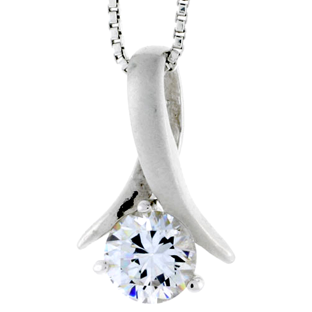 High Polished Sterling Silver 3/4" (19 mm) tall Freeform Pendant, w/ 7mm Brilliant Cut CZ Stone, w/ 18" Thin Box Chain