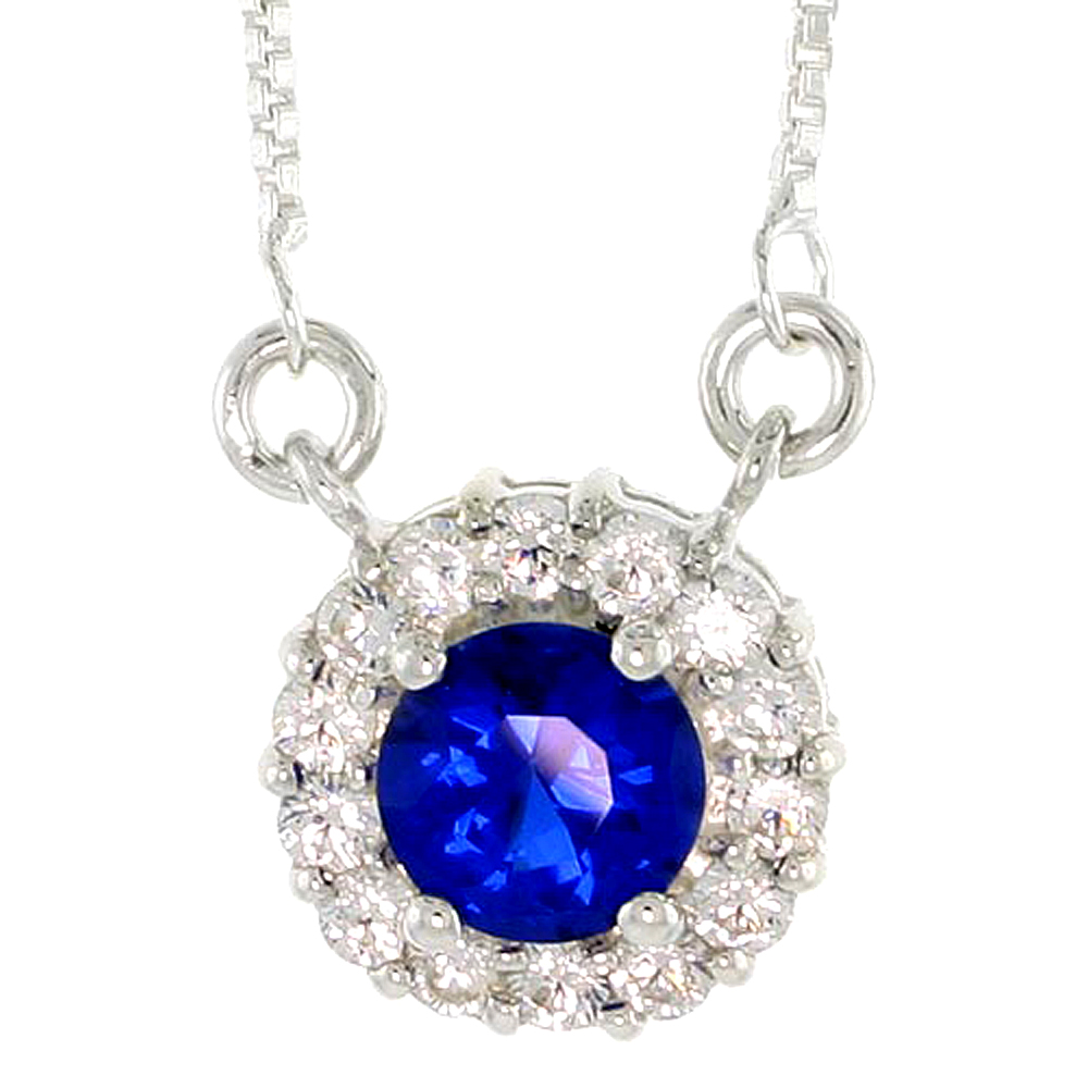 Sterling Silver Journey Pendant w/ 7mm Round Cut Synthetic Sapphire & High Quality CZ Stones, 1/2" (13 mm) tall