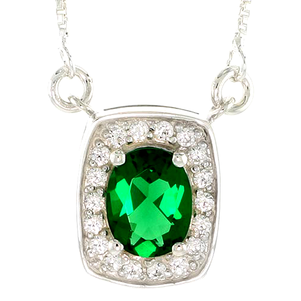 Sterling Silver Journey Pendant w/ 9x7mm Oval Cut Synthetic Emerald & High Quality CZ Stones, 9/16" (15 mm) tall