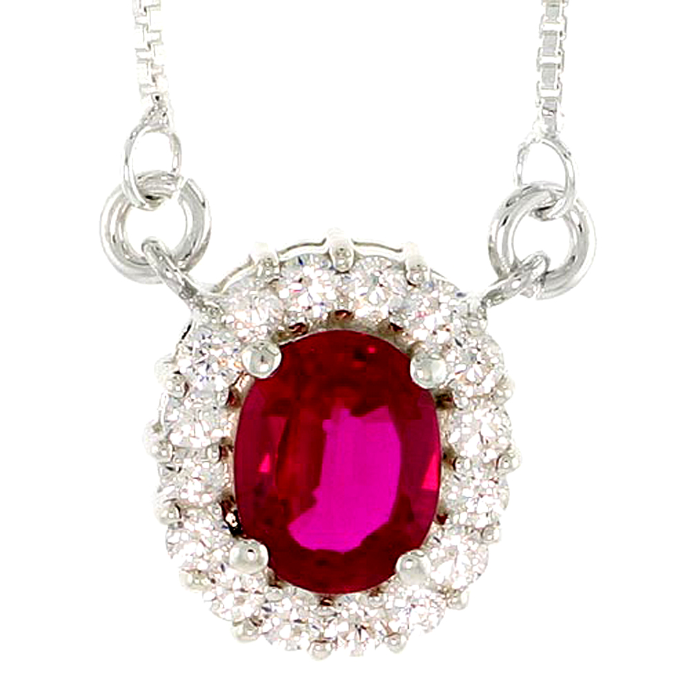 Sterling Silver Journey Pendant w/ 9x7mm Oval Cut Synthetic Ruby & High Quality CZ Stones, 9/16" (14 mm) tall