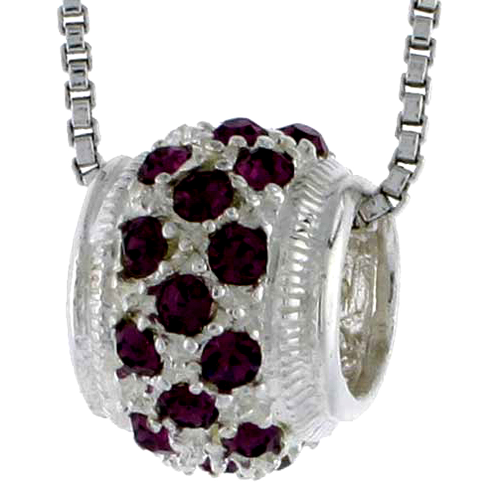 High Polished Sterling Silver 7/16&quot; (11 mm) tall Bead Charm, w/ Brilliant Cut CZ Stones, w/ 18&quot; Thin Box Chain