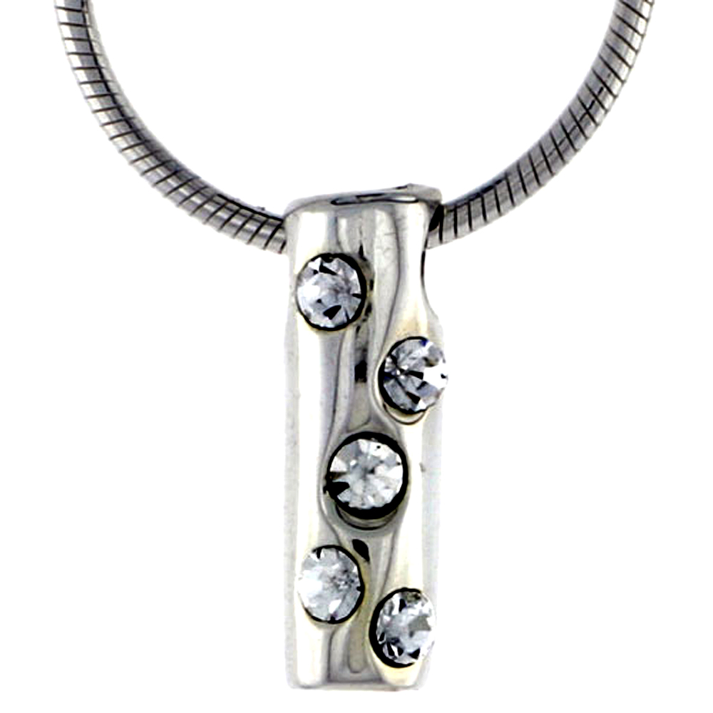 High Polished Sterling Silver 9/16" (14 mm) tall Tubular Pendant, w/ Five 2mm Brilliant Cut CZ Stones, w/ 18" Thin Box Chain