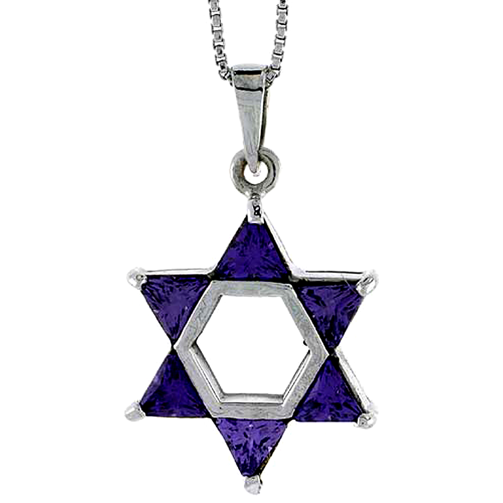 High Polished Sterling Silver 1" (25 mm) tall Jewish Star of David Pendant, w/ Six 5mm Trillion Amethyst-colored CZ Stones, w/ 18" Thin Box Chain