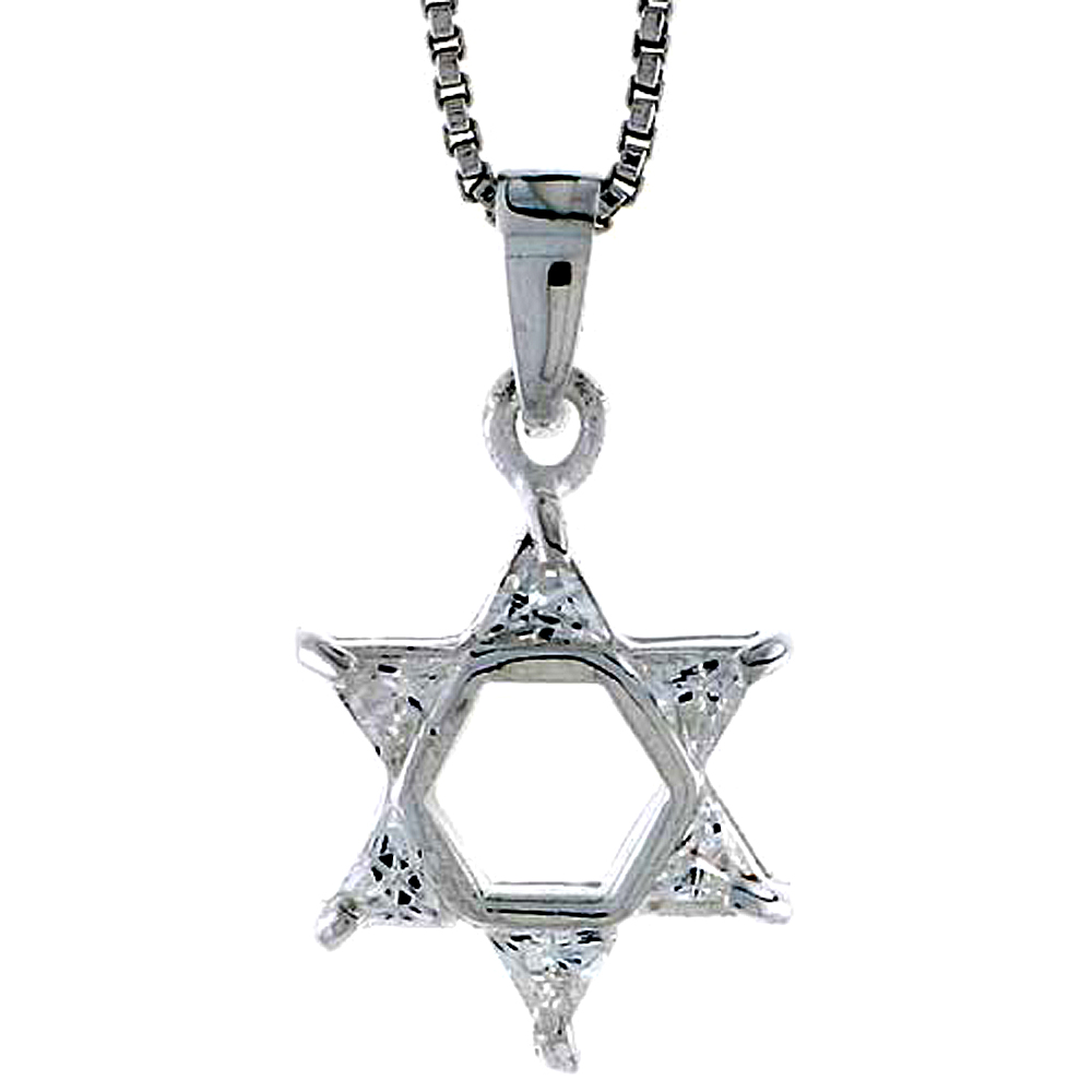 High Polished Sterling Silver 11/16" (17 mm) tall Jewish Star of David Pendant, w/ Six Trillion CZ Stones, w/ 18" Thin Box Chain