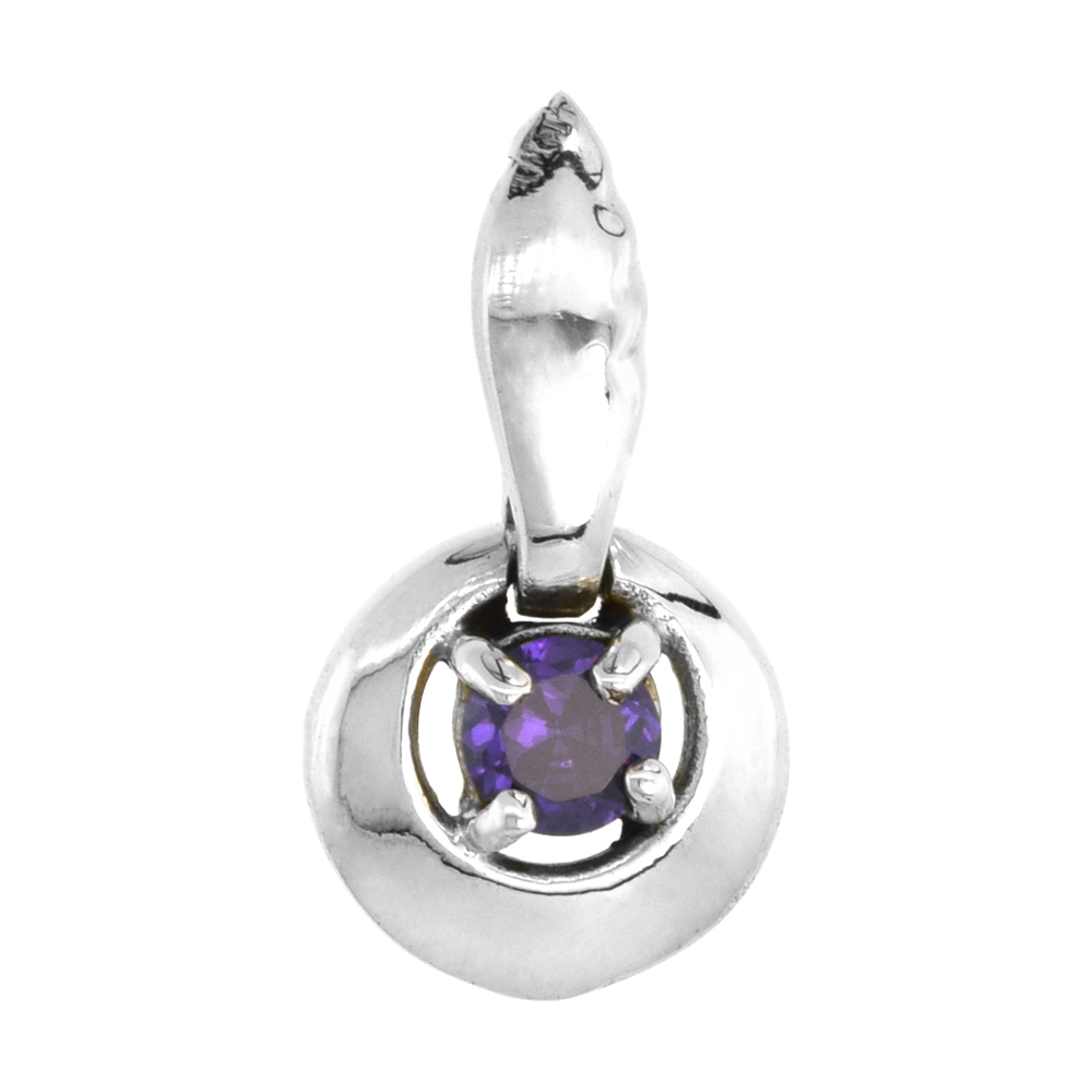 High Polished Sterling Silver 7/8" (22 mm) Round Pendant, w/ 5mm Brilliant Cut Amethyst-colored CZ Stone, w/ 18" Thin Box Chain