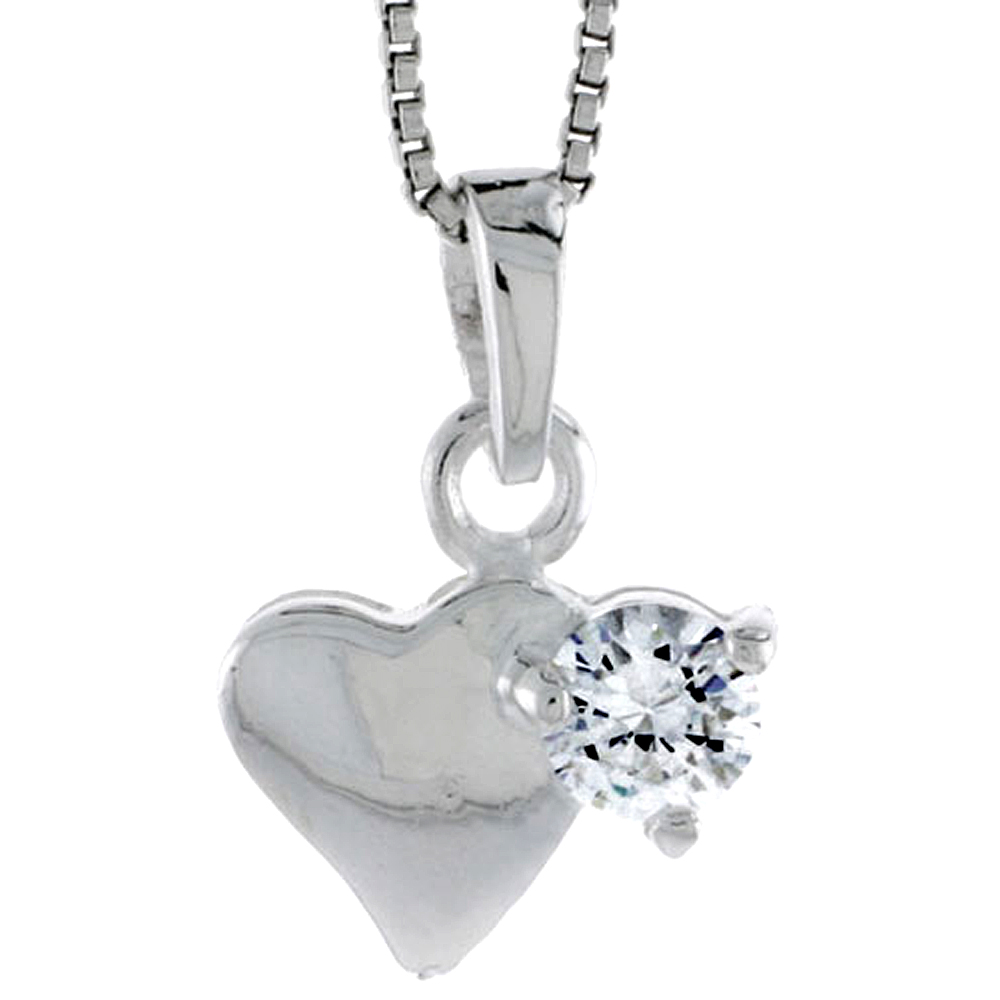 High Polished Sterling Silver 9/16" (14 mm) tall Heart Pendant, w/ 5mm Brilliant Cut CZ Stone, w/ 18" Thin Box Chain