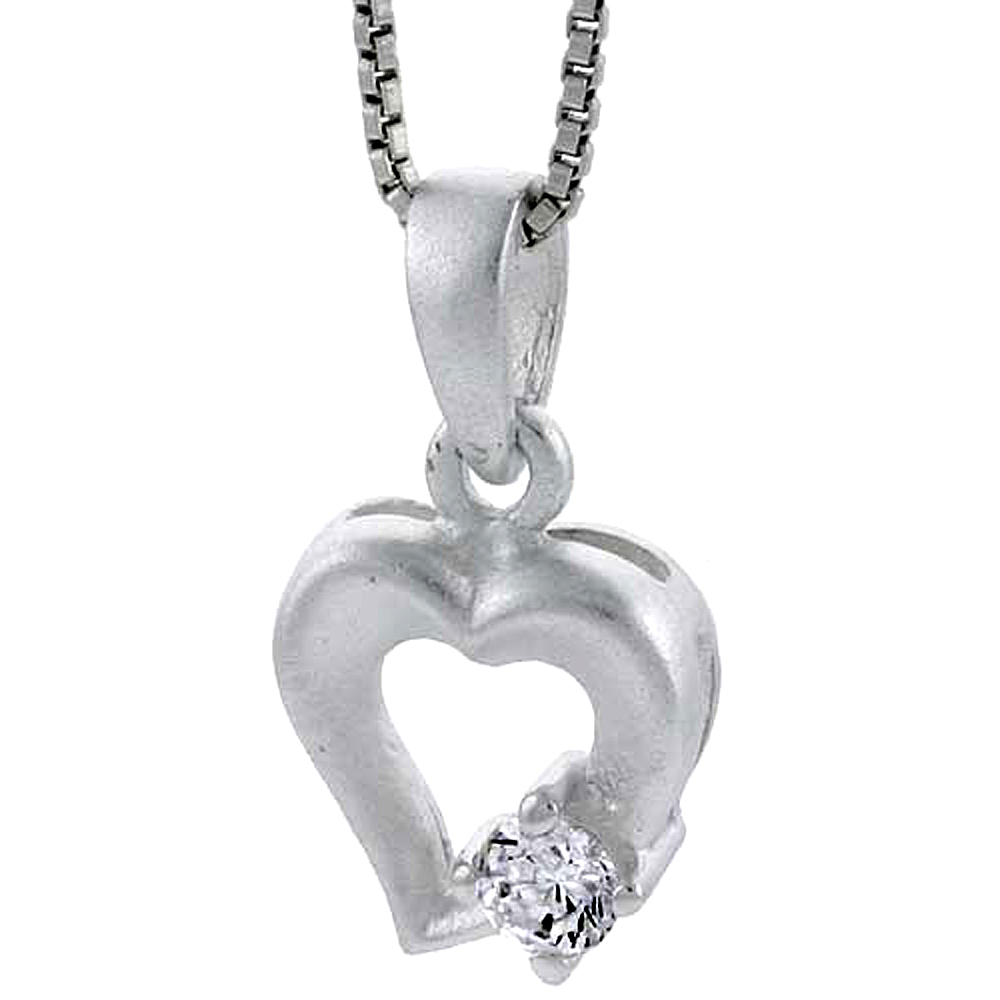 High Polished Sterling Silver 5/8" (16 mm) tall Fancy Heart Cut Out Pendant, w/ 4mm Brilliant Cut CZ Stone, w/ 18" Thin Box Chain