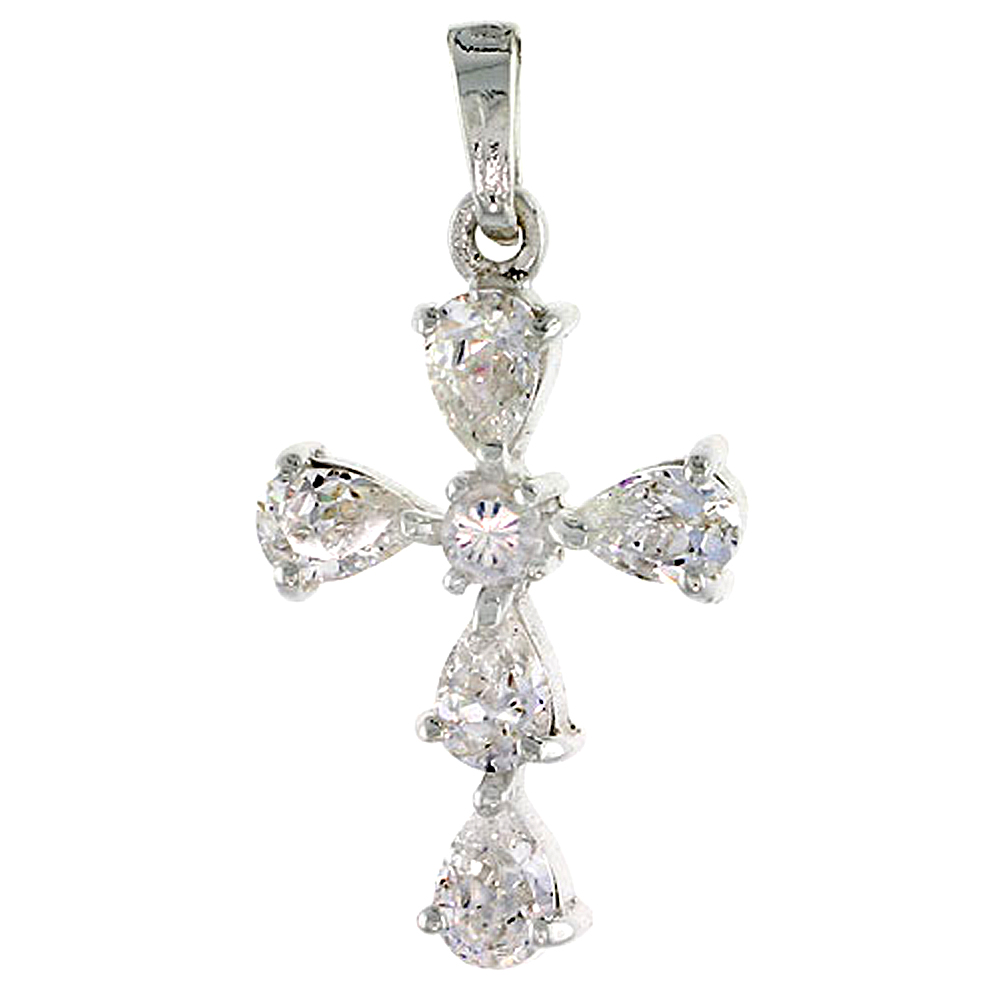 High Polished Sterling Silver 1 1/16" (26 mm) tall Cross Pendant, w/ 3mm Brilliant Cut & five 6x4mm Pear Cut CZ Stones, w/ 18" Thin Box Chain