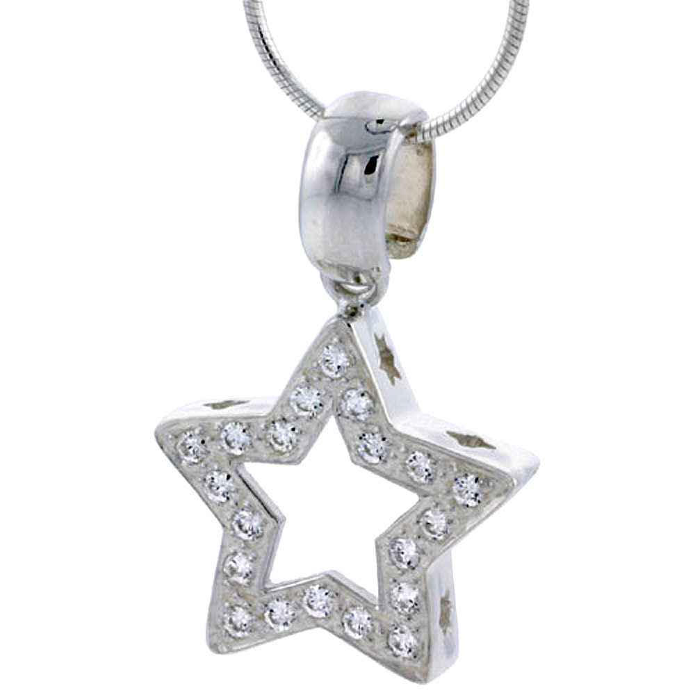 High Polished Sterling Silver 13/16" (21 mm) tall Star Cut Out Pendant, w/ 1.5mm Brilliant Cut CZ Stones, w/ 18" Thin Box Chain