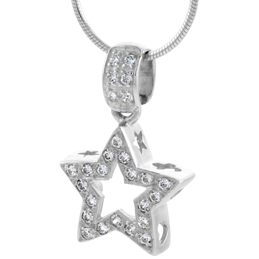 High Polished Sterling Silver 11/16" (17 mm) tall Star Cut Out Pendant, w/ 1.5mm Brilliant Cut CZ Stones, w/ 18" Thin Box Chain